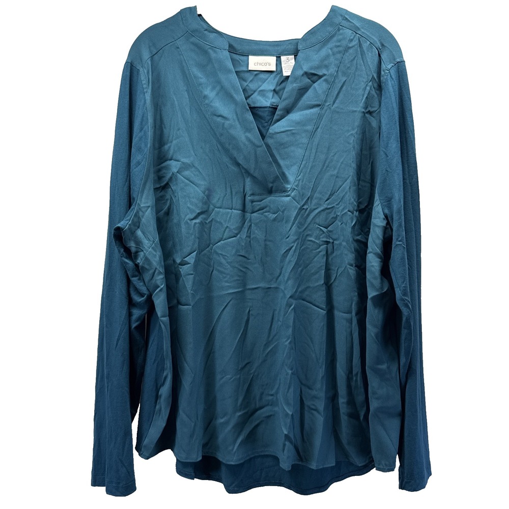 Chicos Womens Top Size XL 3 Teal Blue V Neck Pullover Stretch Long Sleeve Blouse